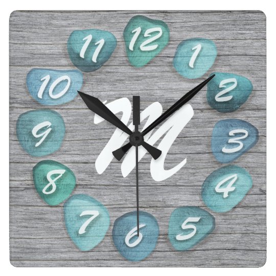 Monogram Sea Glass Beach Driftwood Square Wall Clock