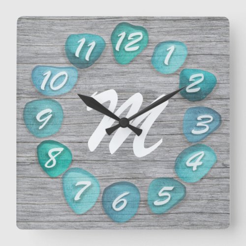 Monogram Sea Glass Beach Driftwood Square Wall Clock