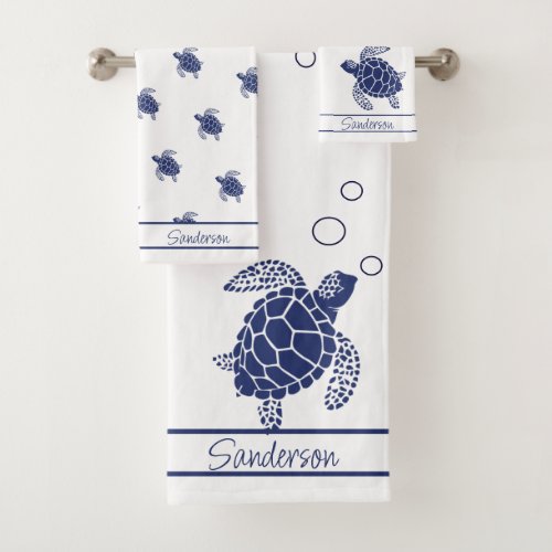 Monogram Sea Turtle Navy Blue White and Nautical Bath Towel Set