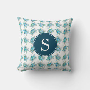 Monogram Sea Turtle Pattern Blue Throw Pillow