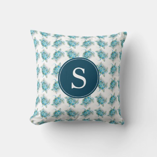 Monogram Sea Turtle Pattern Blue Throw Pillow