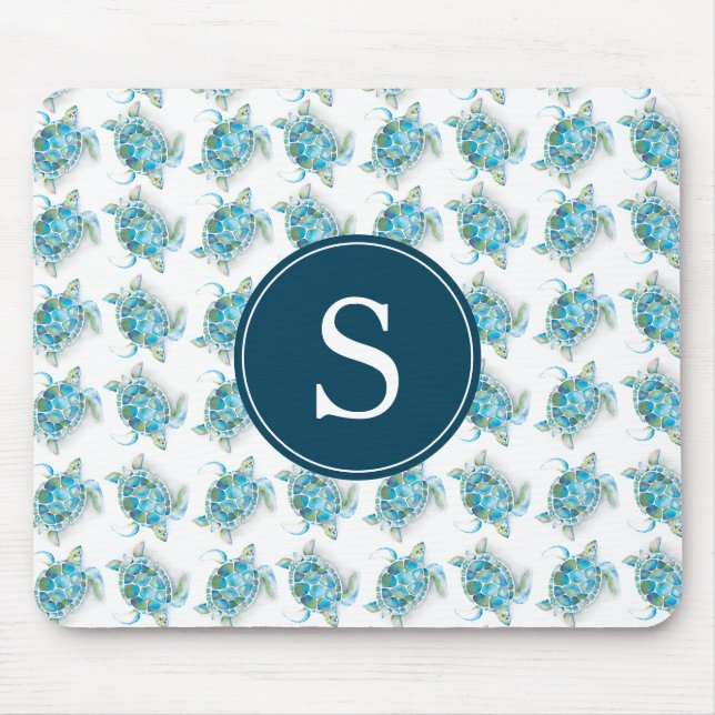 Monogram Sea Turtle Pattern Turquoise Blue Mouse Pad (Front)