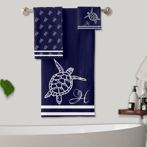 Monogram Sea Turtles Navy Blue Nautical Coastal Bath Towel Set