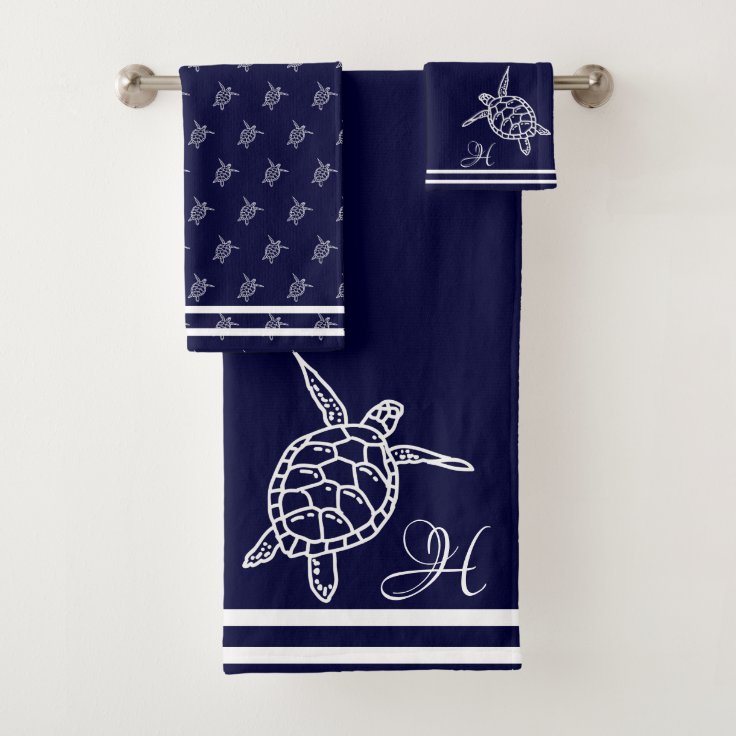 Monogram Sea Turtles Navy Blue Nautical Coastal Bath Towel Set | Zazzle