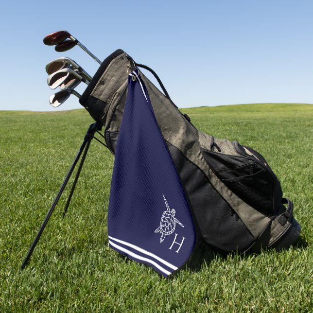 Monogram Sea Turtles Navy Blue Nautical Coastal Golf Towel (Green)