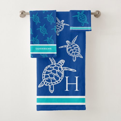 Monogram Sea Turtles Teal Blue Nautical Coastal  B Bath Towel Set
