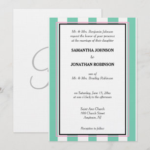 Monogram Seafoam Green Pink White Cabana Stripes Invitation