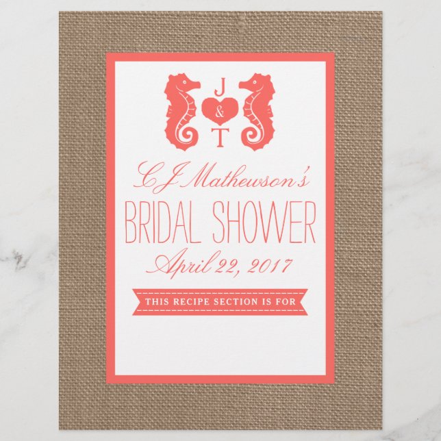 Monogram Seahorse Bridal Shower Recipe Divider (Front)