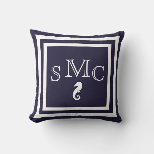 MONOGRAM seahorse dark blue outdoor nautical Outdoor Pillow