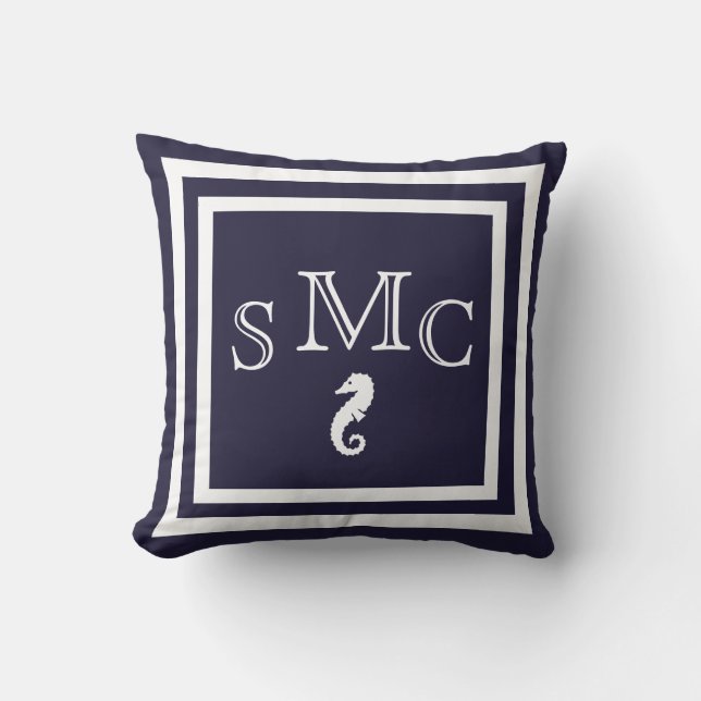 MONOGRAM seahorse dark blue outdoor nautical Outdoor Pillow (Front)
