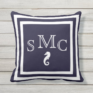 MONOGRAM seahorse dark blue outdoor nautical Outdoor Pillow