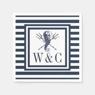 Monogram Seahorse Nautical Navy Blue Stripe Napkins