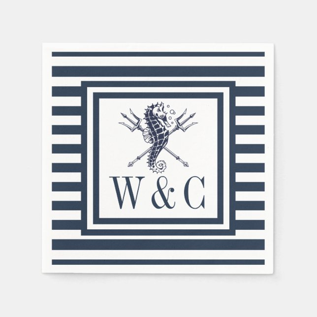 Monogram Seahorse Nautical Navy Blue Stripe Napkins (Front)