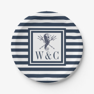 Monogram Seahorse Nautical Navy Blue Stripe Paper Plates