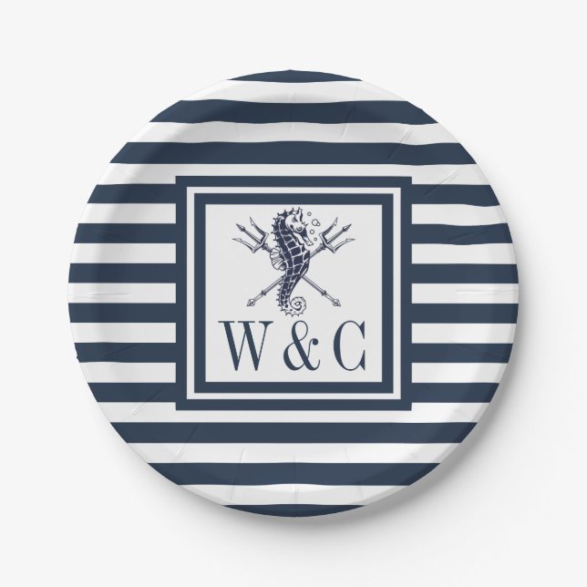 Monogram Seahorse Nautical Navy Blue Stripe  Paper Plates (Front)