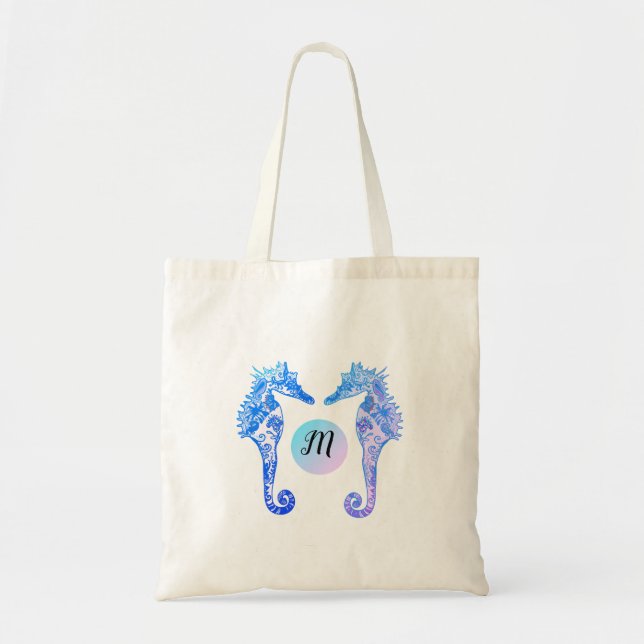 Monogram Seahorses Whimsical  Personalized Tote (Front)