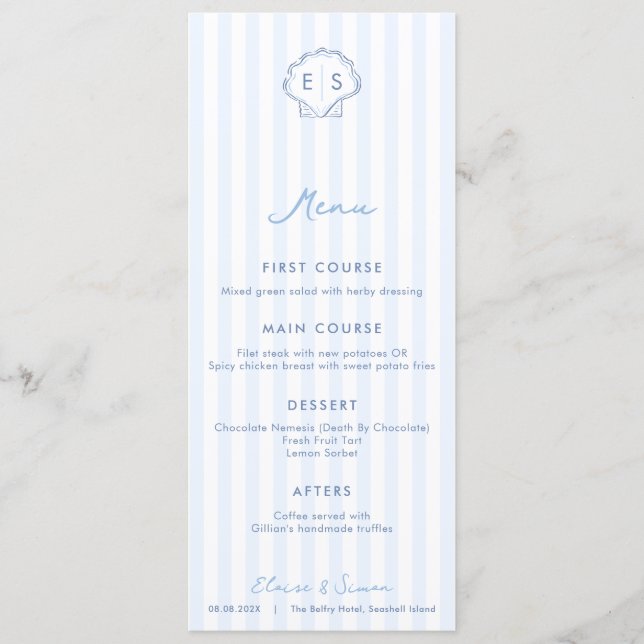 Monogram Seashell Blue And White Coastal Wedding Menu (Front)