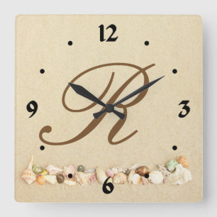 Monogram Seashells on Beach Sand Personalized Square Wall Clock