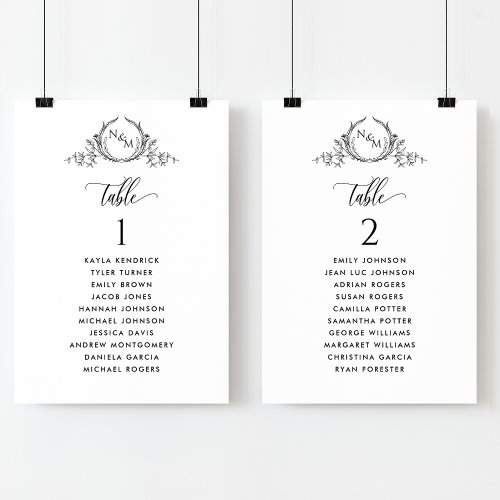 Monogram Seating Plan Cards with Guest Names