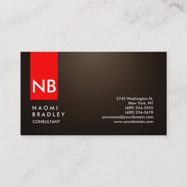 Monogram Sepia Brown Red Modern Consultant Business Card (Front)