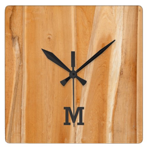 Monogram Series: Natural Light Wooden Panel. Square Wall Clock