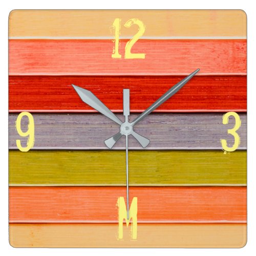 Monogram Series: Rainbow Colored Wood Panel. Square Wall Clock