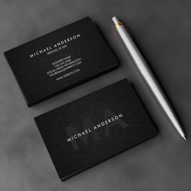 Monogram Serif Corporate Minimal Black Linen Business Card (Creator Uploaded)