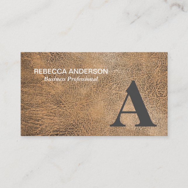 Monogram Serif Gray, Brown Leather Business Card (Front)