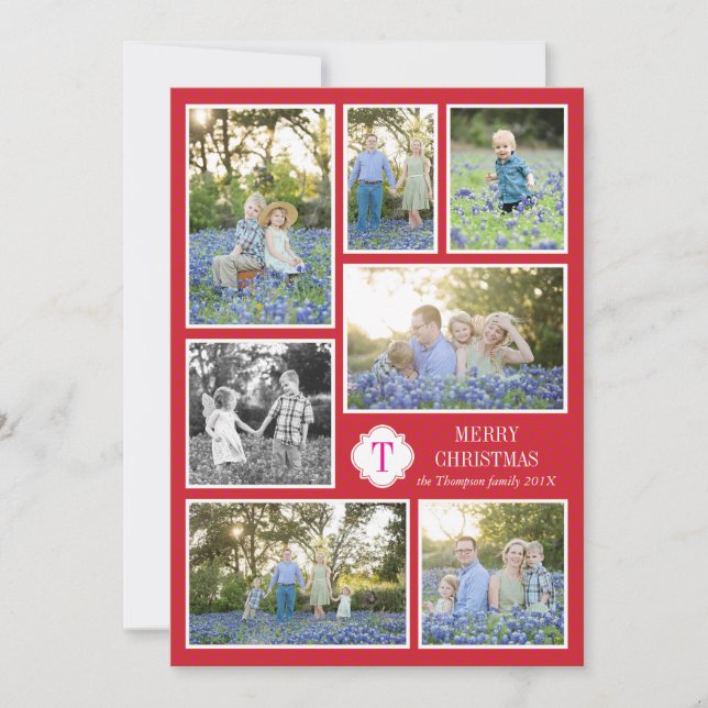 Monogram Seven Photo Holiday Card Red Pink Dots (Front)