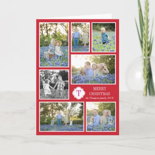 Monogram Seven Photo Holiday Card Red Pink Dots