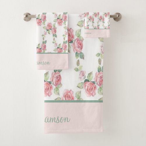 Monogram Shabby Chic Cottage Core Pink Floral  Bath Towel Set