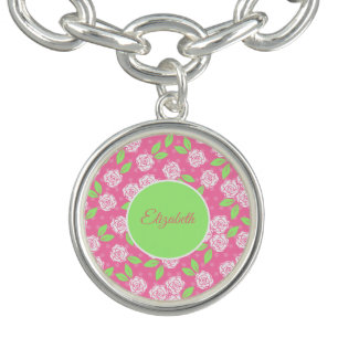 Monogram Shabby Chic Pink and Green Floral Bracele Bracelet