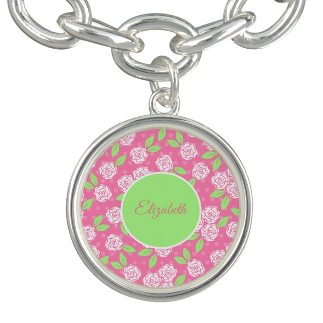 Monogram Shabby Chic Pink and Green Floral Bracele Bracelet (Design)