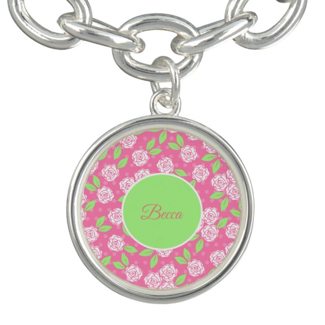 Monogram Shabby Chic Pink and Green Floral Bracelet (Design)