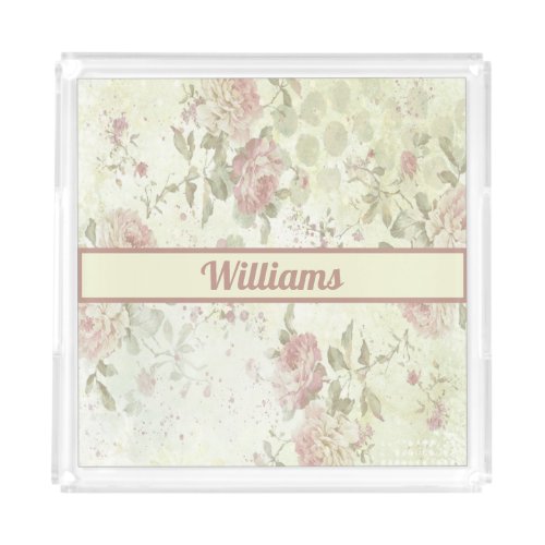 Monogram Shabby Chic Pink Green Rose Floral  Acrylic Tray