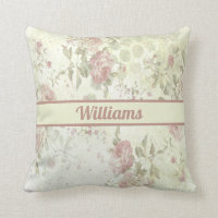 Monogram Shabby Chic Pink Green Rose Floral Throw Pillow