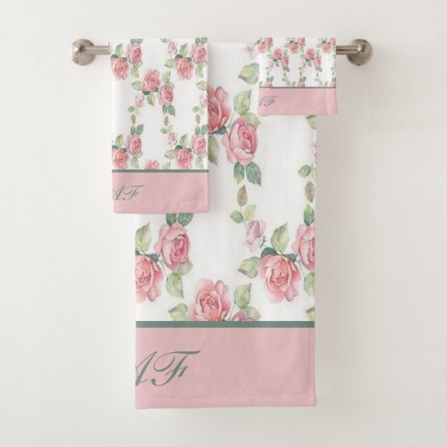 Monogram Shabby Chic Pink Rose Floral  Bath Towel Set