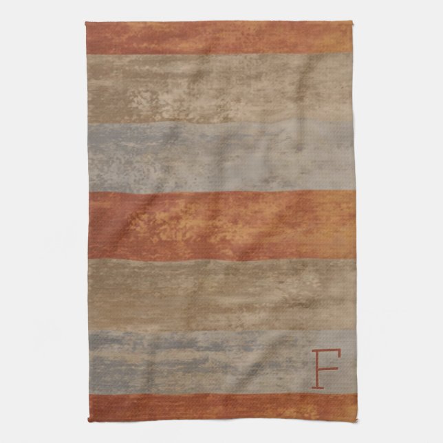 Monogram Shades of Gray and Orange Ombre Striped Kitchen Towel (Vertical)