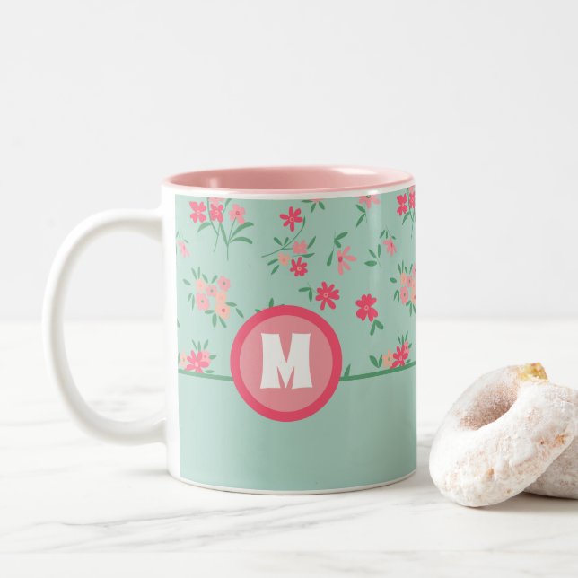 Monogram Shades Pink Dainty Flowers Two-Tone Coffee Mug (With Donut)