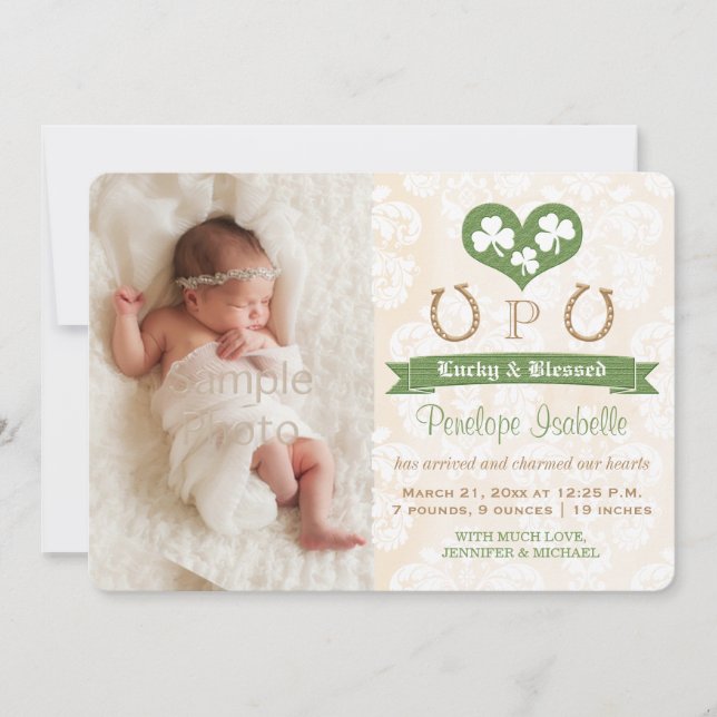 Monogram Shamrock & Horseshoe Birth Announcement (Front)