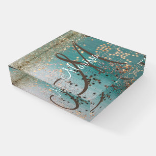 Monogram Shimmery Gold Stars On Teal Paperweight