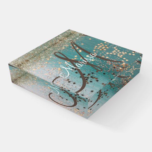 Monogram Shimmery Gold Stars On Teal Paperweight (Angled)