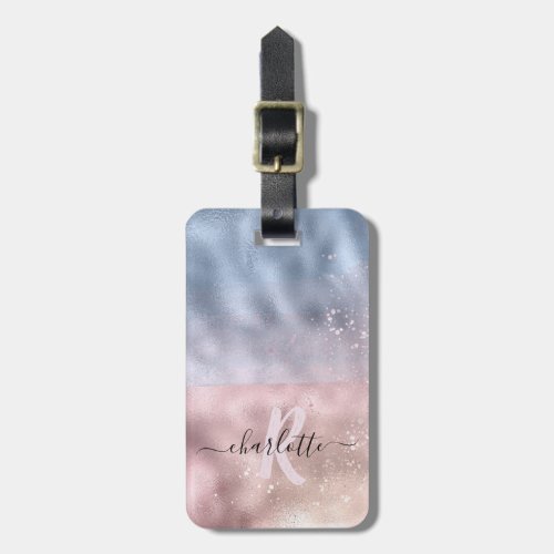 Monogram Shimmery Rose Gold and Baby Blue Ombre Luggage Tag