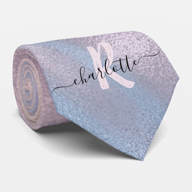 Monogram Shimmery Rose Gold and Baby Blue Ombre Neck Tie (Rolled)