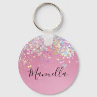 Blush Pink Brushed Metal Glitter Monogram Name Keychain