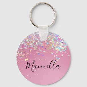 Monogram Shiny Rose Gold Pink Glitter Custom Name Keychain