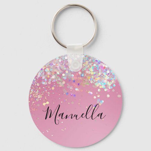 Monogram Shiny Rose Gold Pink Glitter Custom Name  Keychain