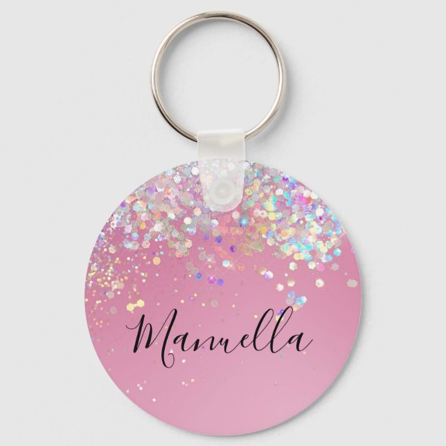 Monogram Shiny Rose Gold Pink Glitter Custom Name  Keychain (Front)