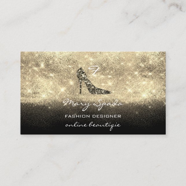 Monogram Shoes Gold Glitter Heels Logo QR Black Business Card (Front)