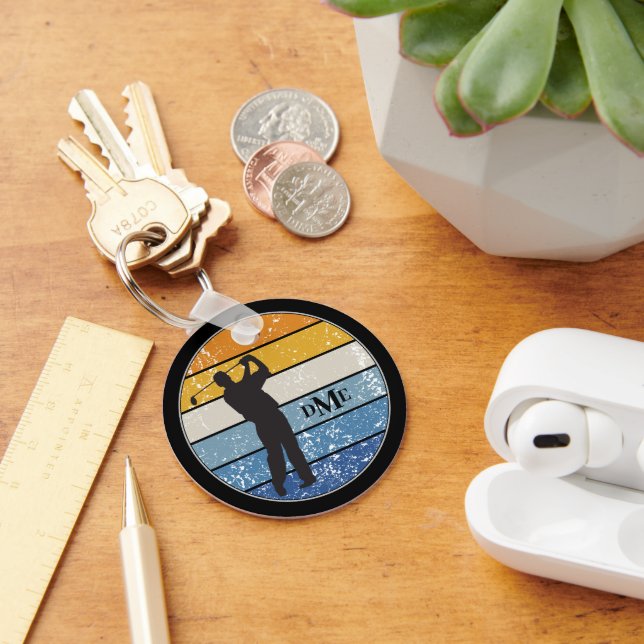 Monogram Silhouette Golfer Retro Stripe Keychain (Desk)